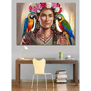 Papağanlı Frida Kahlo Dekoratif Kanvas - Mdf Ahşap Tablo