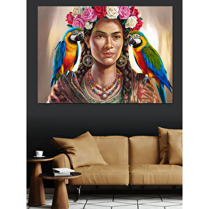Papağanlı Frida Kahlo Dekoratif Kanvas - Mdf Ahşap Tablo 50x70 cm