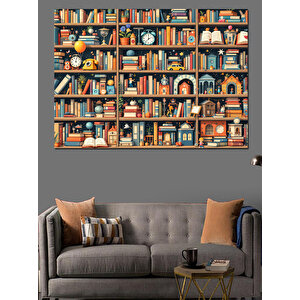 Kitaplıkta Renkli Kitaplar Dekoratif Kanvas - Mdf Ahşap Tablo 100x140 cm
