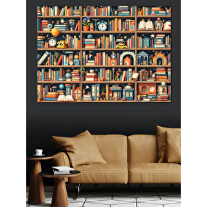 Kitaplıkta Renkli Kitaplar Dekoratif Kanvas - Mdf Ahşap Tablo 50x70 cm