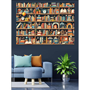 Kitaplıkta Renkli Kitaplar Dekoratif Kanvas - Mdf Ahşap Tablo 50x70 cm