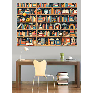 Kitaplıkta Renkli Kitaplar Dekoratif Kanvas - Mdf Ahşap Tablo