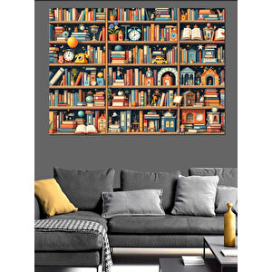 Kitaplıkta Renkli Kitaplar Dekoratif Kanvas - Mdf Ahşap Tablo