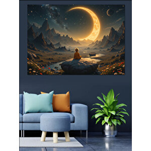 Ay Manzarasında Meditasyon Dekoratif Kanvas - Mdf Ahşap Tablo 35x50 cm