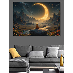 Ay Manzarasında Meditasyon Dekoratif Kanvas - Mdf Ahşap Tablo
