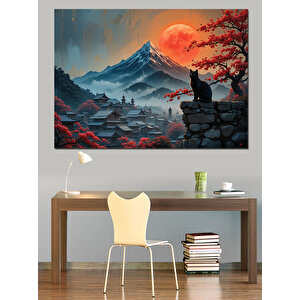 Kırmızı Ay Dağ Manzarası Dekoratif Kanvas - Mdf Ahşap Tablo 100x140 cm