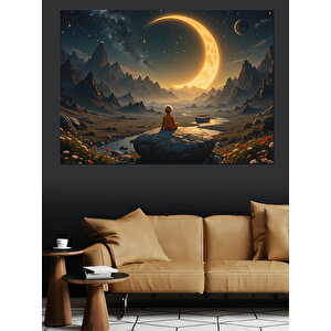 Ay Manzarasında Meditasyon Dekoratif Kanvas - Mdf Ahşap Tablo 70x100 cm