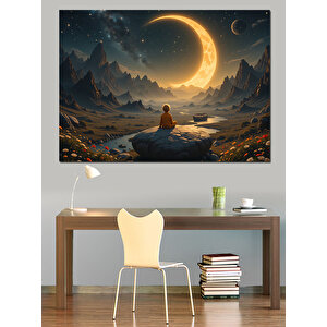 Ay Manzarasında Meditasyon Dekoratif Kanvas - Mdf Ahşap Tablo