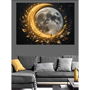 Altın Çevreli Parlayan Ay Dekoratif Kanvas - Mdf Ahşap Tablo 100x140 cm