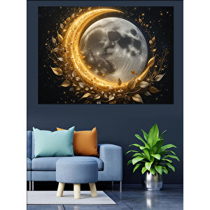 Altın Çevreli Parlayan Ay Dekoratif Kanvas - Mdf Ahşap Tablo 100x140 cm