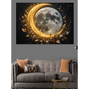 Altın Çevreli Parlayan Ay Dekoratif Kanvas - Mdf Ahşap Tablo