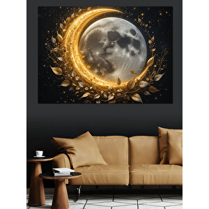 Altın Çevreli Parlayan Ay Dekoratif Kanvas - Mdf Ahşap Tablo 70x100 cm