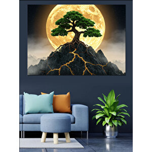 Ay Işığında Bonsai Dağı Dekoratif Kanvas - Mdf Ahşap Tablo 50x70 cm