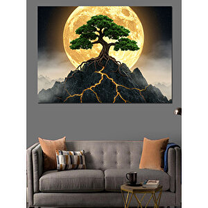 Ay Işığında Bonsai Dağı Dekoratif Kanvas - Mdf Ahşap Tablo 50x70 cm