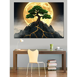 Ay Işığında Bonsai Dağı Dekoratif Kanvas - Mdf Ahşap Tablo 50x70 cm