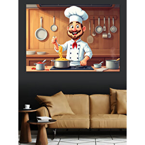 Mutlu Şef Mutfakta Dekoratif Kanvas - Mdf Ahşap Tablo 100x140 cm