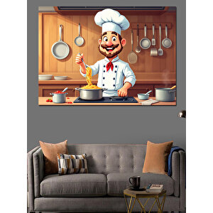 Mutlu Şef Mutfakta Dekoratif Kanvas - Mdf Ahşap Tablo 100x140 cm