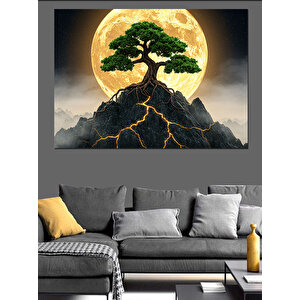 Ay Işığında Bonsai Dağı Dekoratif Kanvas - Mdf Ahşap Tablo