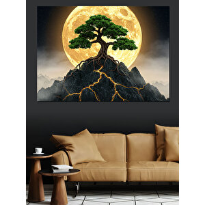 Ay Işığında Bonsai Dağı Dekoratif Kanvas - Mdf Ahşap Tablo