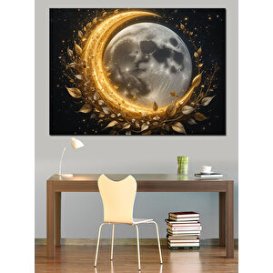 Altın Çevreli Parlayan Ay Dekoratif Kanvas - Mdf Ahşap Tablo