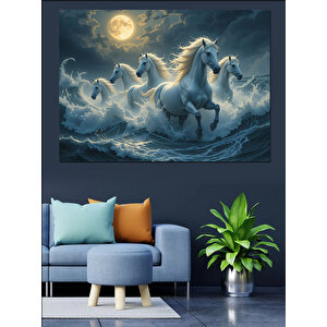 Ay Işığında Koşan Atlar Dekoratif Kanvas - Mdf Ahşap Tablo 35x50 cm