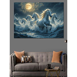 Ay Işığında Koşan Atlar Dekoratif Kanvas - Mdf Ahşap Tablo 35x50 cm