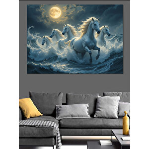Ay Işığında Koşan Atlar Dekoratif Kanvas - Mdf Ahşap Tablo