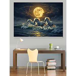 Ay Işığında Koşan Atlar Dekoratif Kanvas - Mdf Ahşap Tablo 25x35 cm