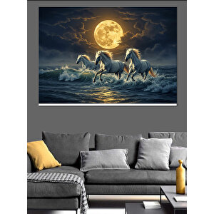 Ay Işığında Koşan Atlar Dekoratif Kanvas - Mdf Ahşap Tablo