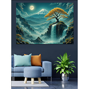Ayışığında Şelale Manzarası Dekoratif Kanvas - Mdf Ahşap Tablo 100x140 cm