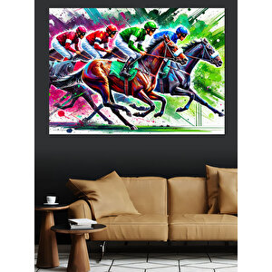 Renkli At Yarışı Dekoratif Kanvas - Mdf Ahşap Tablo