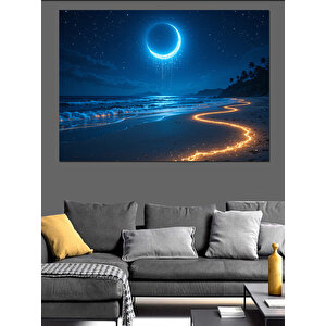 Mavi Ay Ve Yol Dekoratif Kanvas - Mdf Ahşap Tablo 70x100 cm