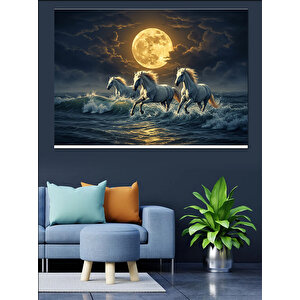 Ay Işığında Koşan Atlar Dekoratif Kanvas - Mdf Ahşap Tablo 70x100 cm
