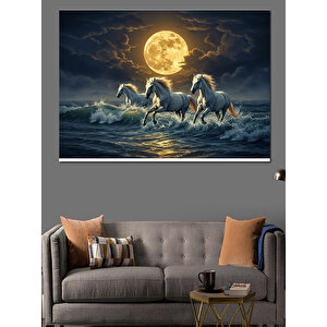 Ay Işığında Koşan Atlar Dekoratif Kanvas - Mdf Ahşap Tablo 70x100 cm