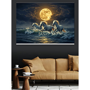Ay Işığında Koşan Atlar Dekoratif Kanvas - Mdf Ahşap Tablo