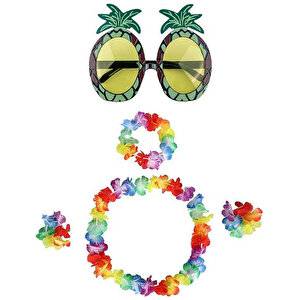 Renkli Ananas Gözlük, Taç, Kolye Ve Bileklik Seti