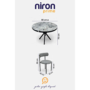 Niron Elisa Yuvarlak Masa Takımı - 4 Sandalyeli, Modern Tasarım, Mermer Görünümlü, Siyah Metal