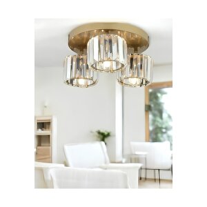 Modern Tasarım Kristal Taşlı Tavana Sıfır Üçlü Avize Salon Oturma Odası Mutfak Avizesi Eskitme Gold