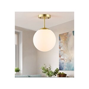 Modern Tekli Beyaz Glop Camlı Tavan Salon Oturma Odası Mutfak Hol Antre Avize Eskitme Gold