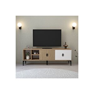 3506 Era Tv Ünitesi 150 Cm Kapaklı Raflı Sepet - Yunus - Beyaz Tv Sehpası Sepet-Yunus-Beyaz