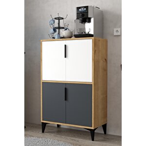 1404 Ada Çok Amaçlı Dolap , Kahve Köşesi , Kiler Dolabı , Mutfak Standı , 4 Kapılı Bölmeli Antrasit-Safir-Beyaz