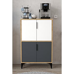 1404 Ada Çok Amaçlı Dolap , Kahve Köşesi , Kiler Dolabı , Mutfak Standı , 4 Kapılı Bölmeli Antrasit-Safir-Beyaz