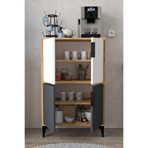 1404 Ada Çok Amaçlı Dolap , Kahve Köşesi , Kiler Dolabı , Mutfak Standı , 4 Kapılı Bölmeli Antrasit-Safir-Beyaz