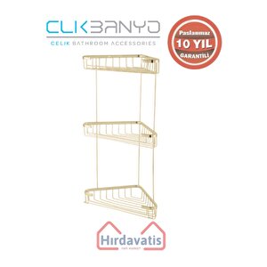 Paslanmaz Pirinç Efe Üçlü 18x18cm Sabunluk Şampuanlık Ve Köşe Süngerlik Altın Sarı Gold