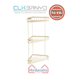 Paslanmaz Pirinç Efe Üçlü 18x18cm Sabunluk Şampuanlık Ve Köşe Süngerlik Altın Sarı Gold