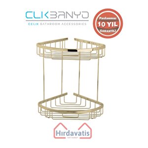Paslanmaz Pirinç Zerrin İkili 18x18cm Sabunluk Şampuanlık Ve Köşe Süngerlik Altın Sarı Gold