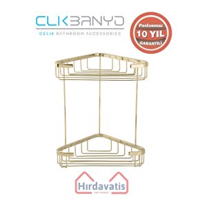 Paslanmaz Pirinç Efe İkili 18x18cm Sabunluk Şampuanlık Ve Köşe Süngerlik Altın Sarı Gold