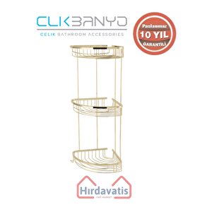 Paslanmaz Pirinç Destina Krom Üçlü 19x19cm Sabunluk Şampuanlık Ve Köşe Süngerlik Altın Sarı Gold