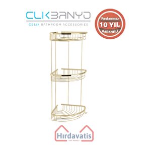 Paslanmaz Pirinç Destina Krom Üçlü 19x19cm Sabunluk Şampuanlık Ve Köşe Süngerlik Altın Sarı Gold