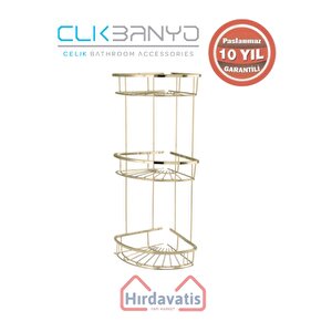 Paslanmaz Pirinç Zirve 304 Üçlü Lamalı 19x19cm Sabunluk Şampuanlık Ve Köşe Süngerlik Altın Sarı Gold